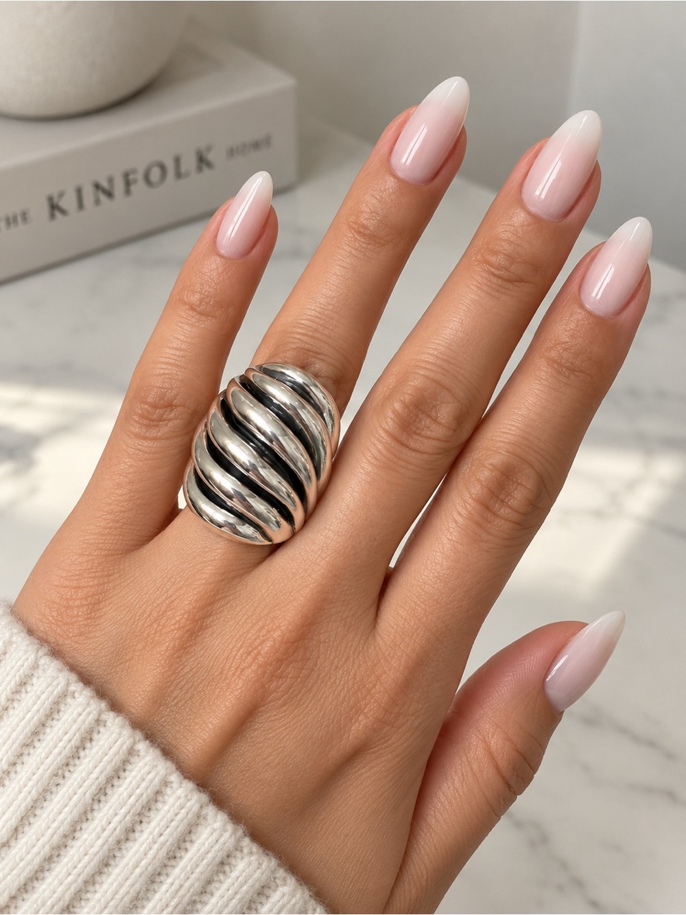 Silver Ribbed Dome Statement Ring - Women Jewelry